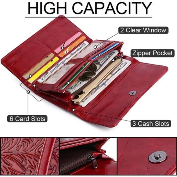 Womens Leather Wallet RFID Blocking Trifold Long Clutch Card Holder Phone Purse - Picture 3 of 7